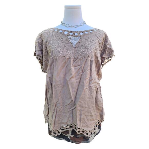 Vtg Jane Ashley Tan Beige Embroidered Floral Cutout Boho Hippie Mesh Top Sz M - Picture 3 of 8